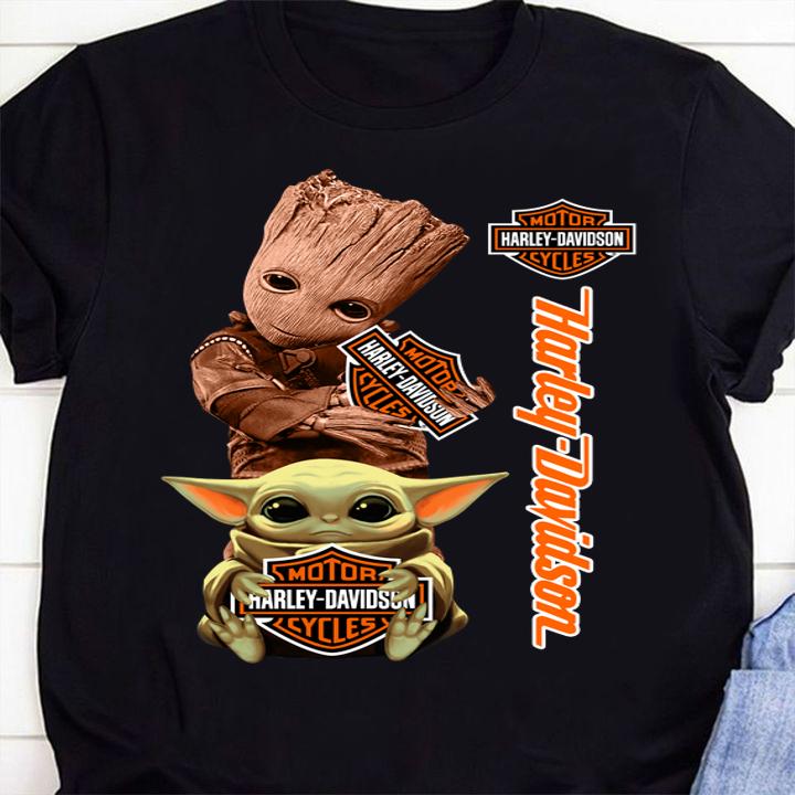 Baby Groot And Baby Yoda Hug Harley Davidson t-shirt shirt