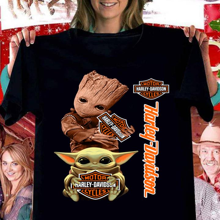 Baby Groot And Baby Yoda Hug Harley Davidson t-shirt woman shirt