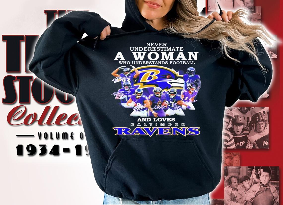 Never Underestimate A Woman Who Understands Football And Love Baltimore Ravens Signatures 2022 Shirt t-shirt hoodie