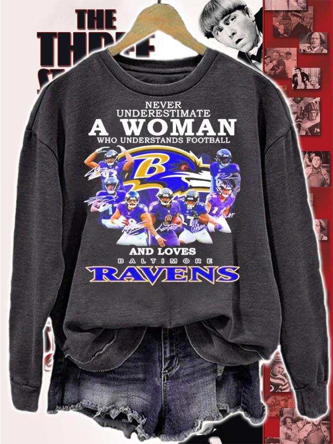 Never Underestimate A Woman Who Understands Football And Love Baltimore Ravens Signatures 2022 Shirt t-shirt sweatshirt