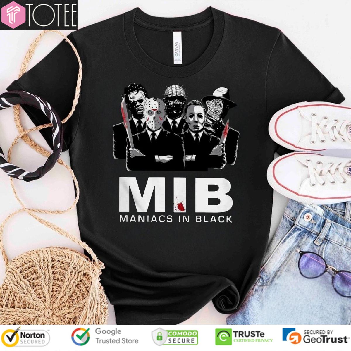 Maniacs In Black Jason Michael Freddy Leatherface Pinhead Parody MIB Shirt